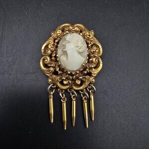 Gold Tone Florenza Cameo Brooch Dangle Tassel Vintage Costume Jewelry